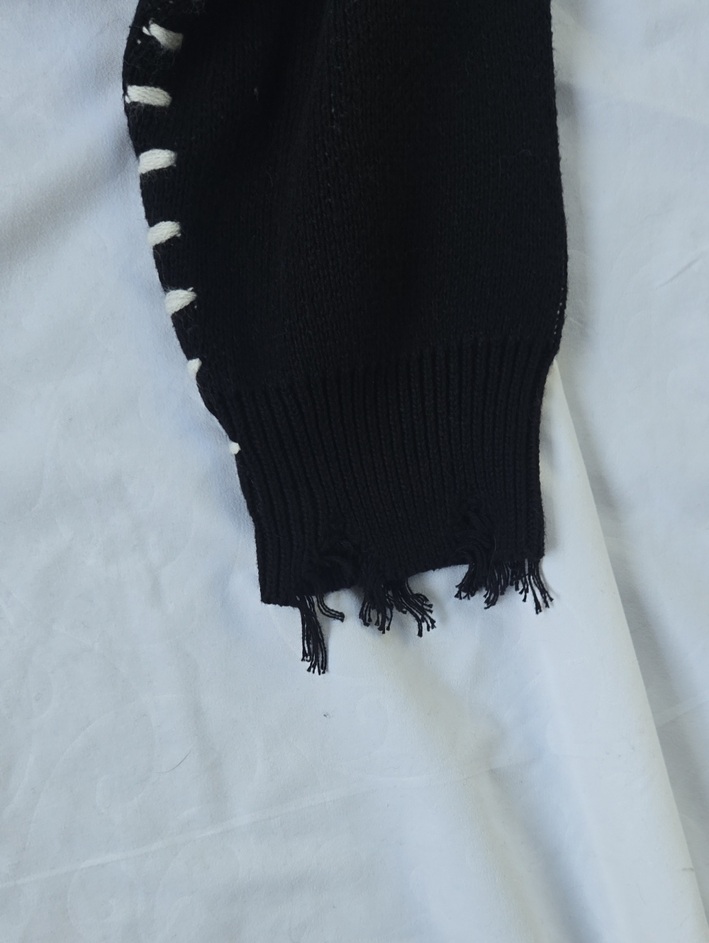 Mens Boho Black Sweater, White Stitching, Fringe OnBottom Of Sleeves & Sweater - Picture 10 of 14